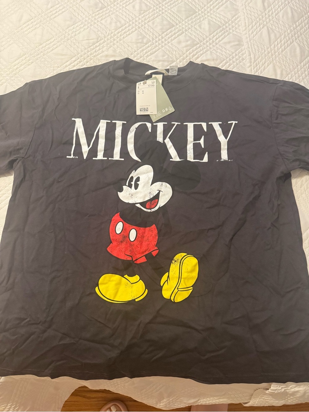 Disney H&M Black Mickey Mouse Graphic Tee with Red and Yellow Accents